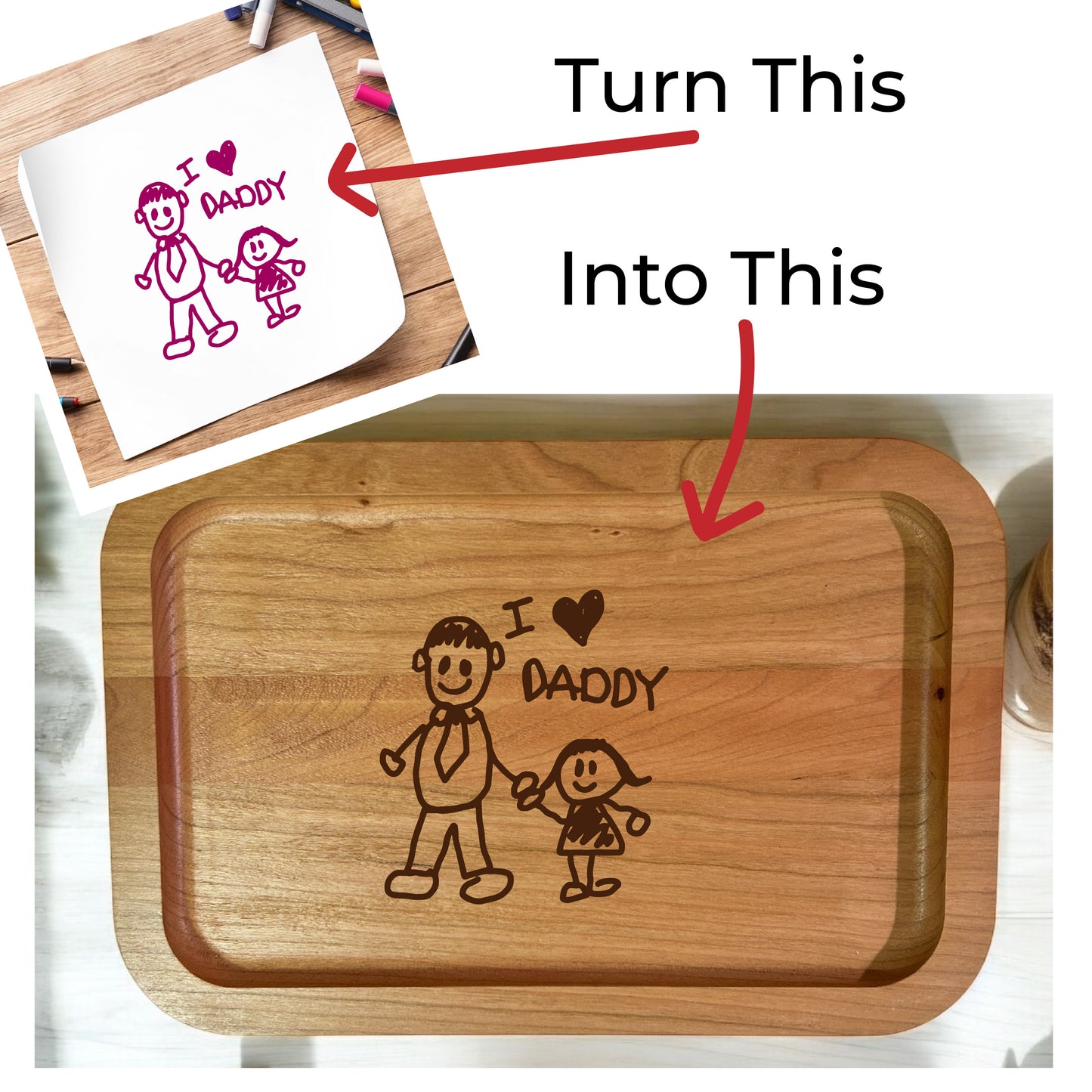Wooden Valet Tray Engraved with Child's Drawing, Handprint, or Message