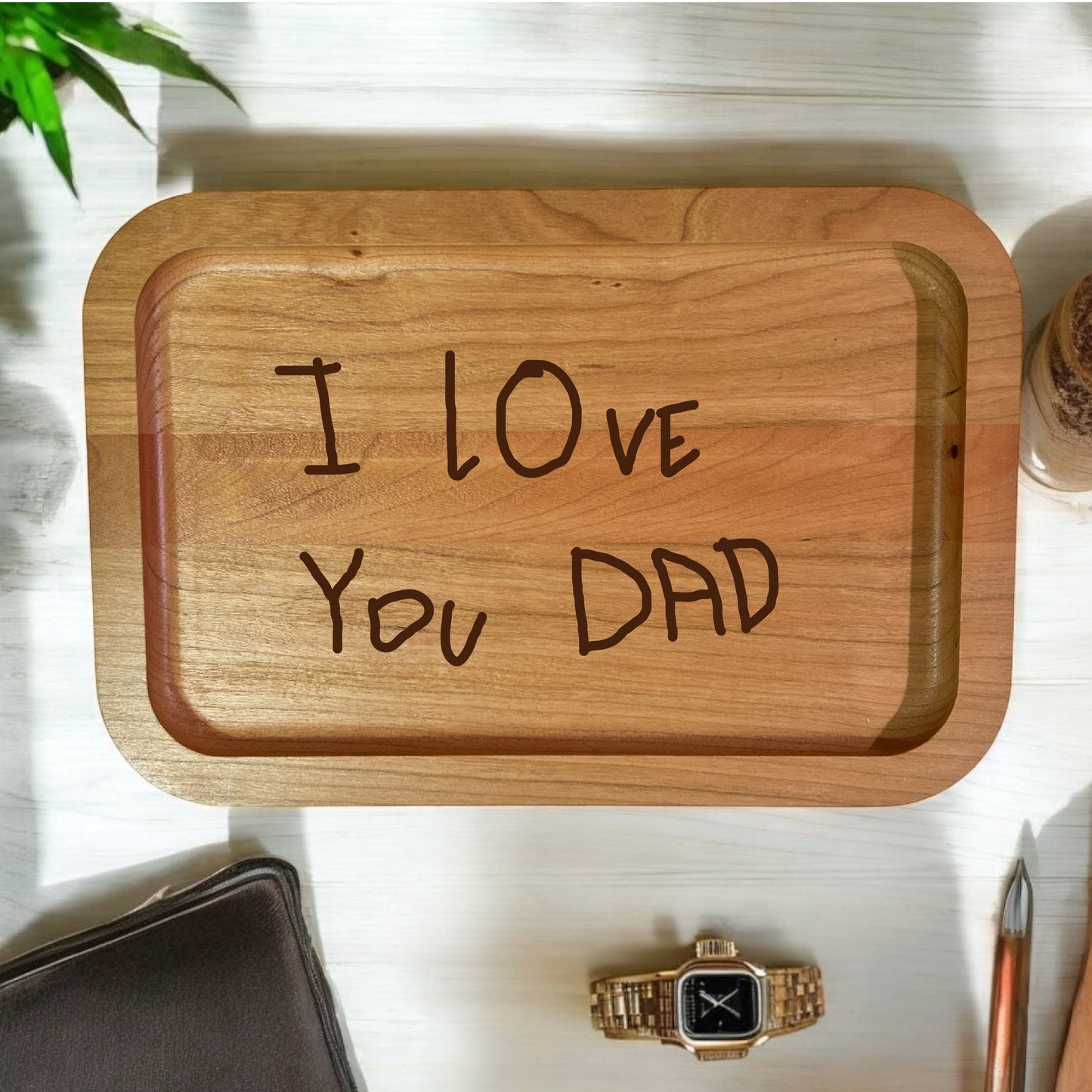 Wooden Valet Tray Engraved with Child's Drawing, Handprint, or Message