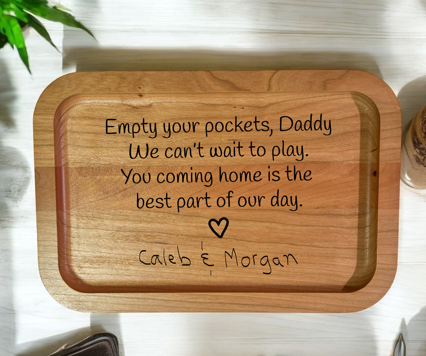 Wooden Valet Tray Engraved with Child's Drawing, Handprint, or Message