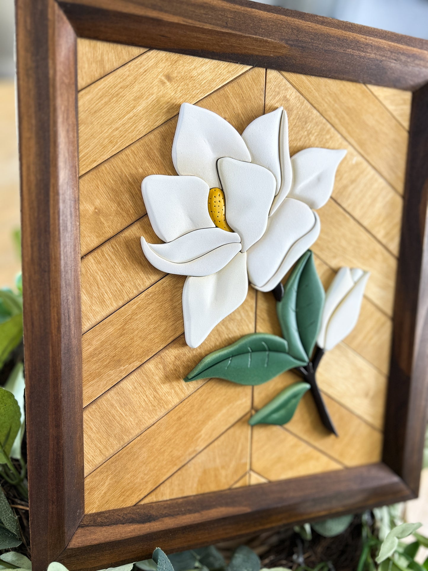3D Southern Magnolia Sign, Shaped Wooden Magnolia Decor, Handmade Framed Flower Art
