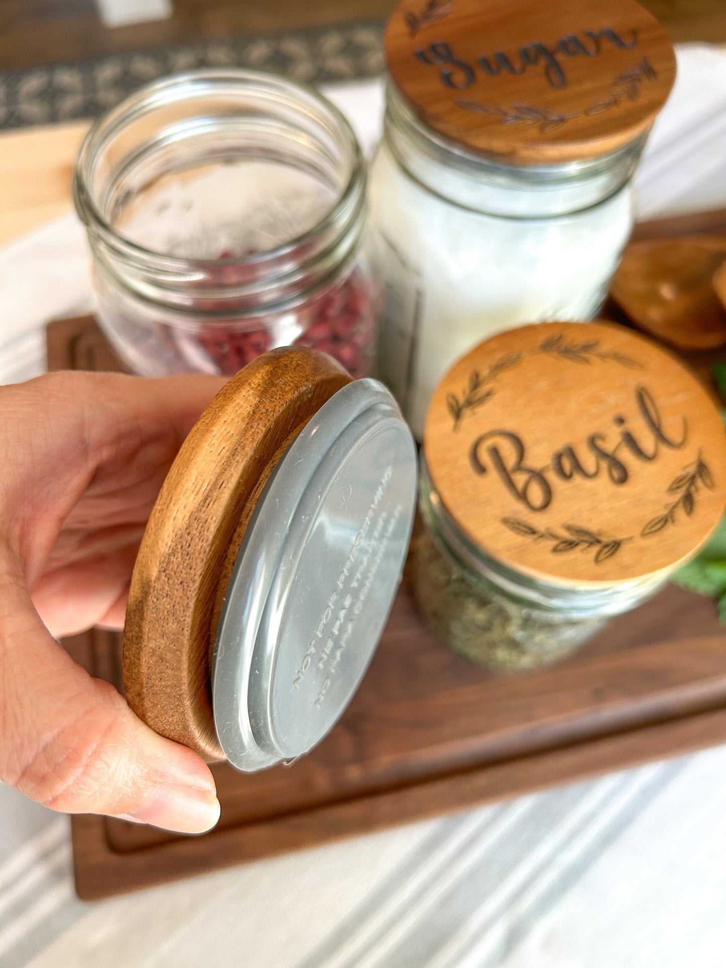 Personalized Wood Mason Jar Lids, Engraved Lids, Set of 6