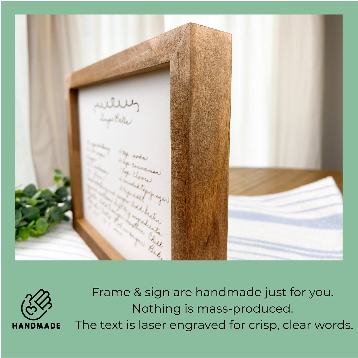 Handwritten Recipe Engraved on Wood Framed Sign