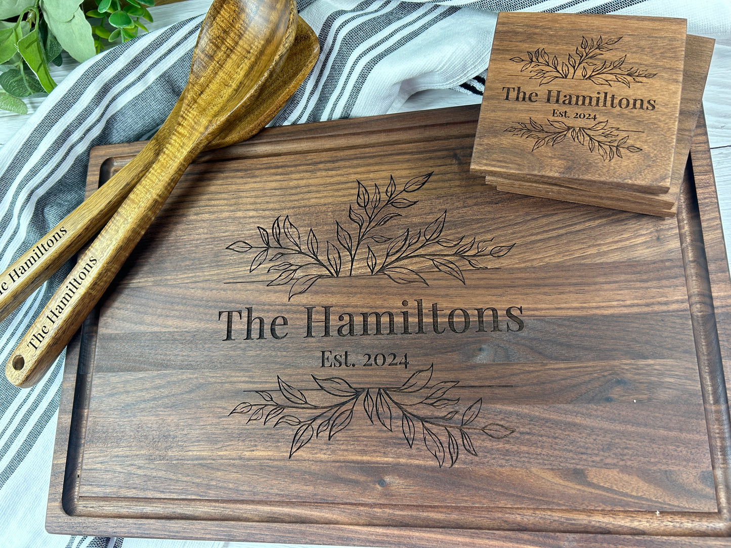 Personalized, Engraved Cutting Board, Coasters, & Spoon Set, 3-Piece Set