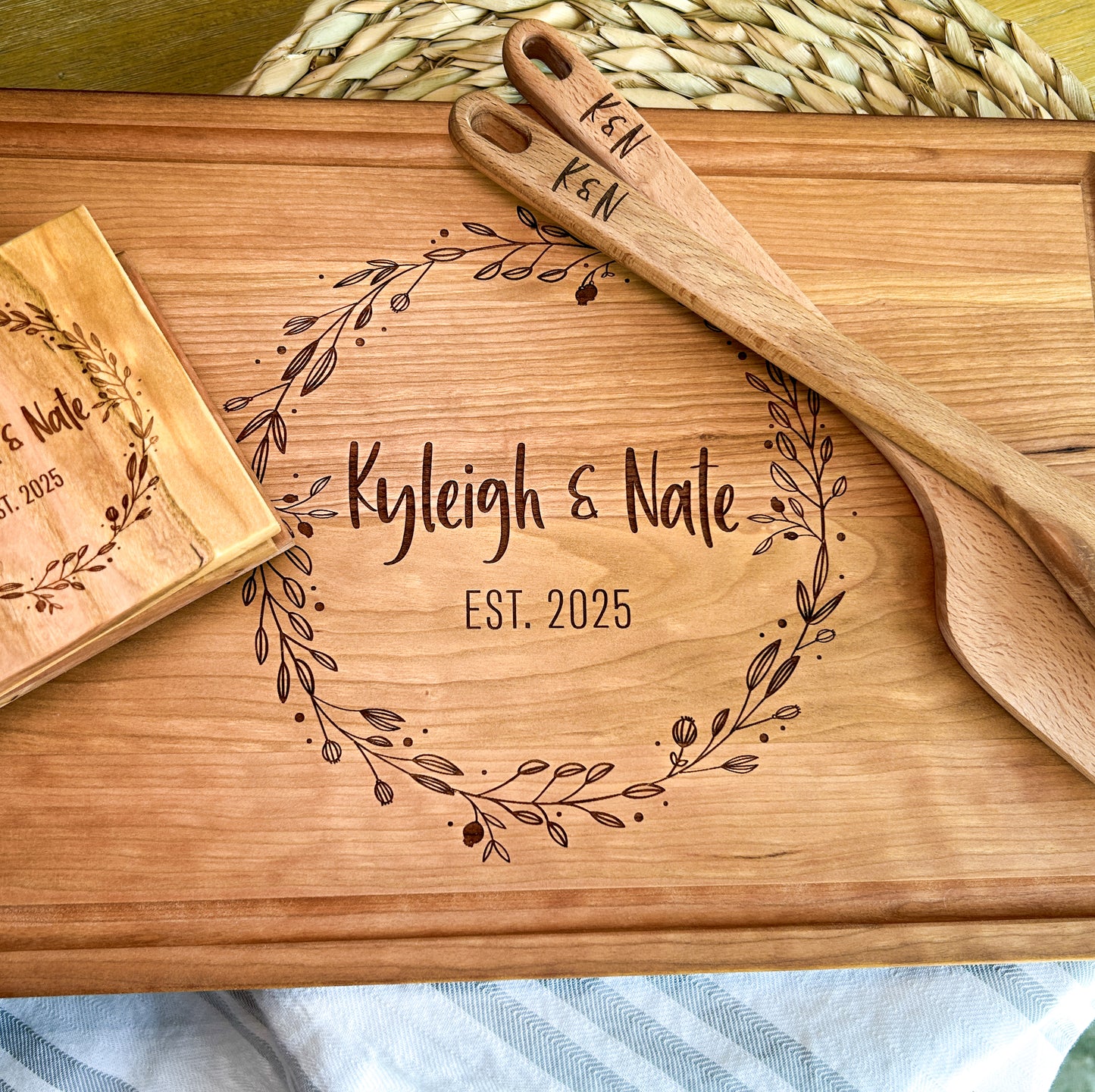 Personalized, Engraved Cutting Board, Coasters, & Spoon Set, 3-Piece Set