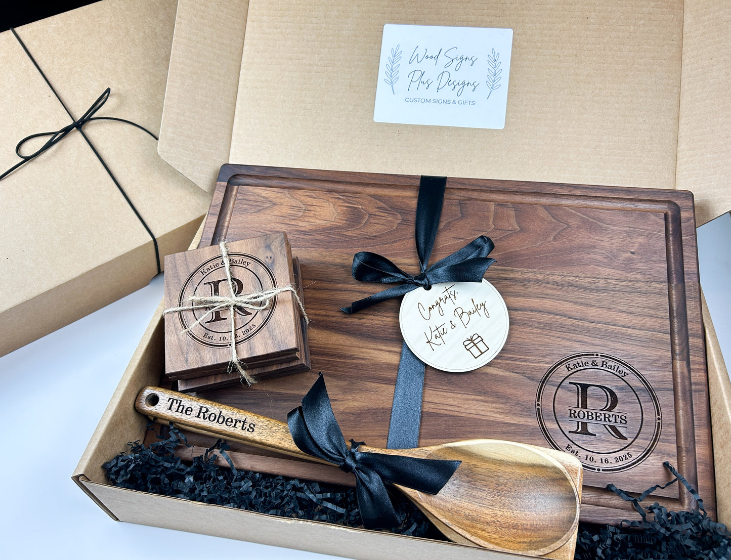 Personalized, Engraved Cutting Board, Coasters, & Spoon Set, 3-Piece Set