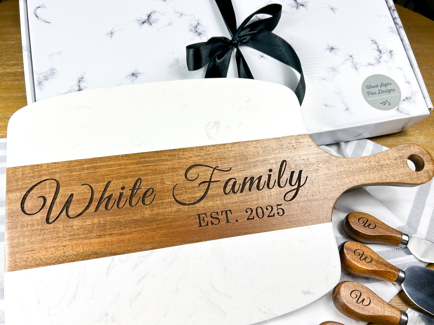 Personalized Charcuterie Board Set | Marble and Wood Serving Board