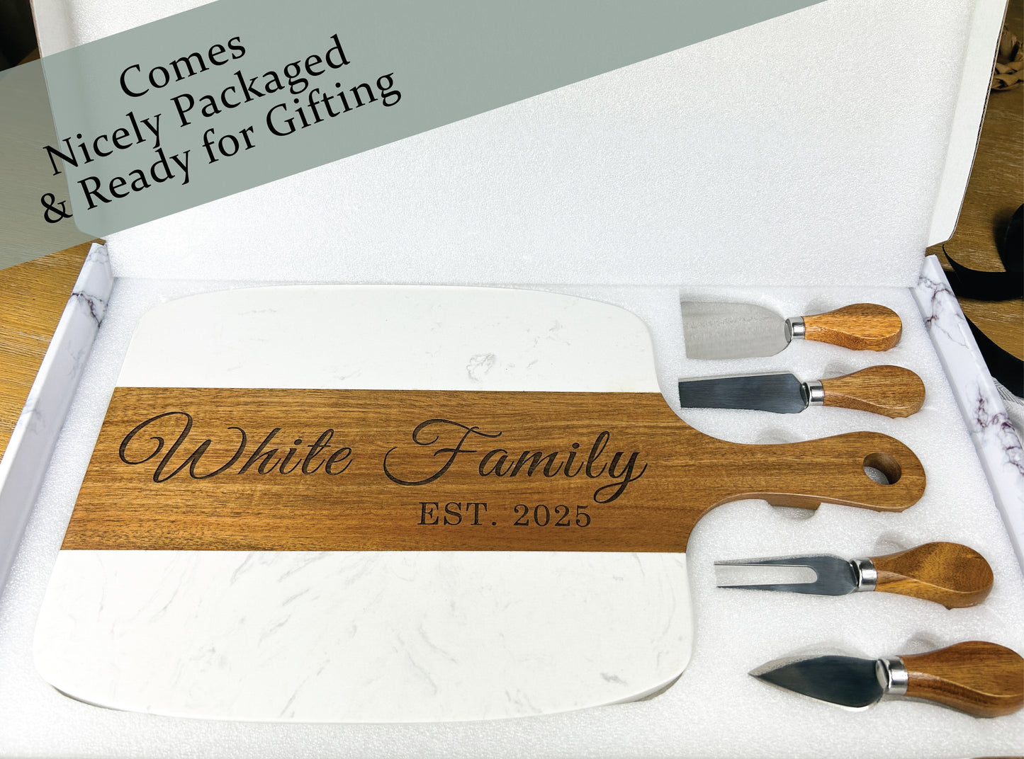 Personalized Charcuterie Board Set | Marble and Wood Serving Board