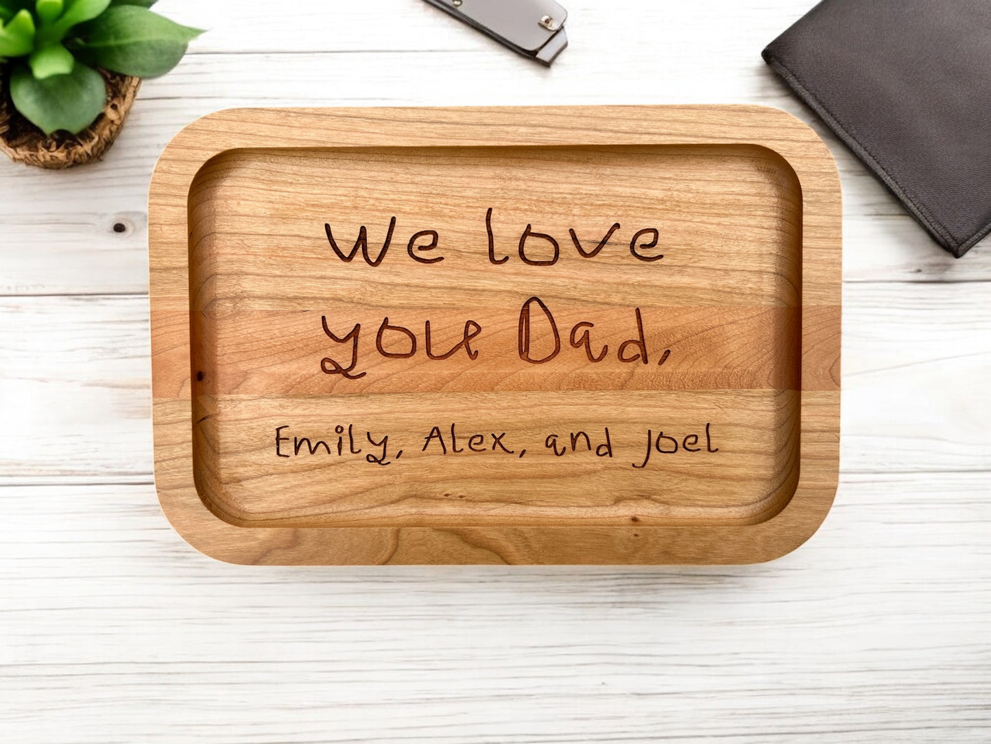 Wooden Valet Tray Engraved with Child's Drawing, Handprint, or Message