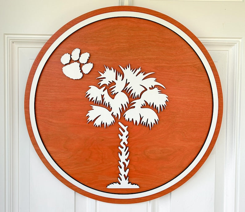 Clemson Tiger Paw and Palmetto Wood Sign