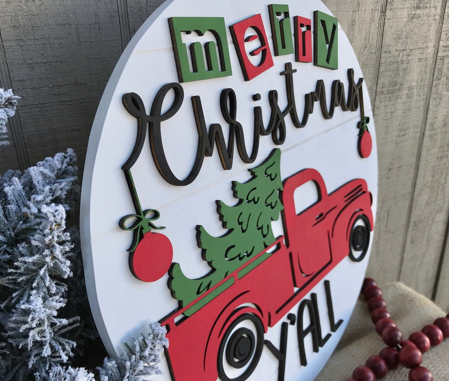 Wooden Red Truck Christmas Wreath, Merry Christmas Y'all Door Hanger