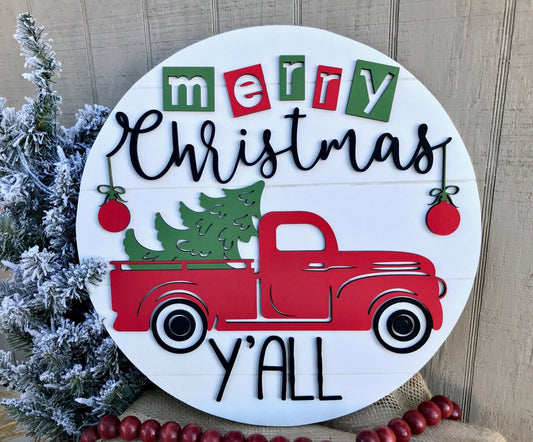 Wooden Red Truck Christmas Wreath, Merry Christmas Y'all Door Hanger