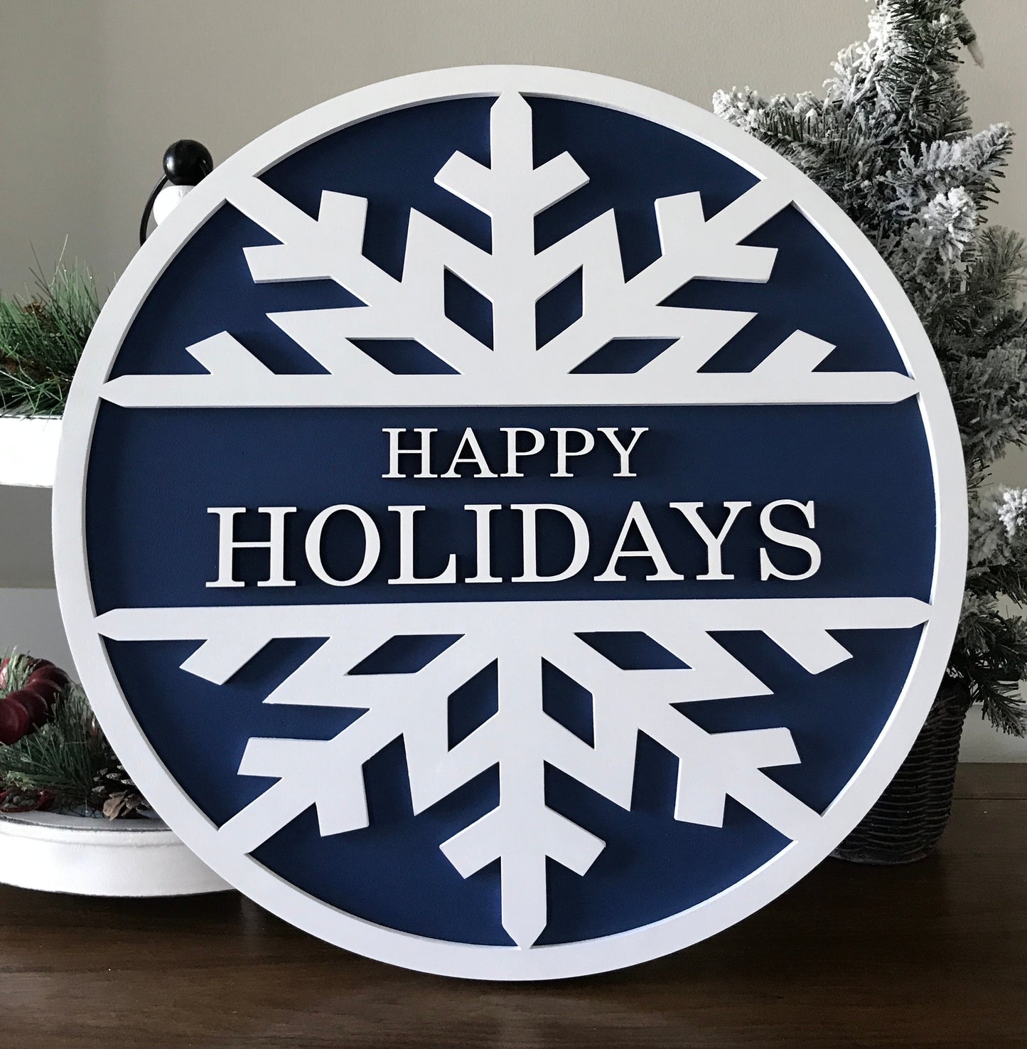 Wooden, Snowflake Winter Wreath, Happy Holidays Door Hanger in Blue and White