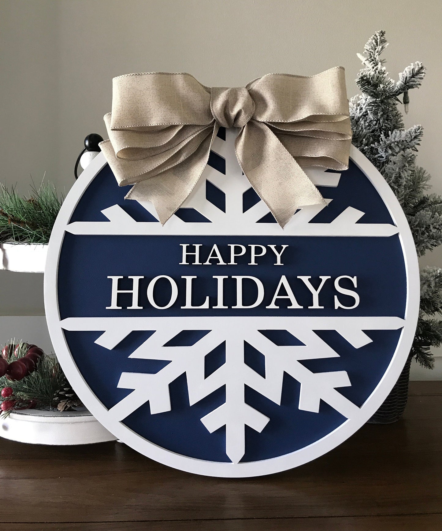 Wooden, Snowflake Winter Wreath, Happy Holidays Door Hanger in Blue and White