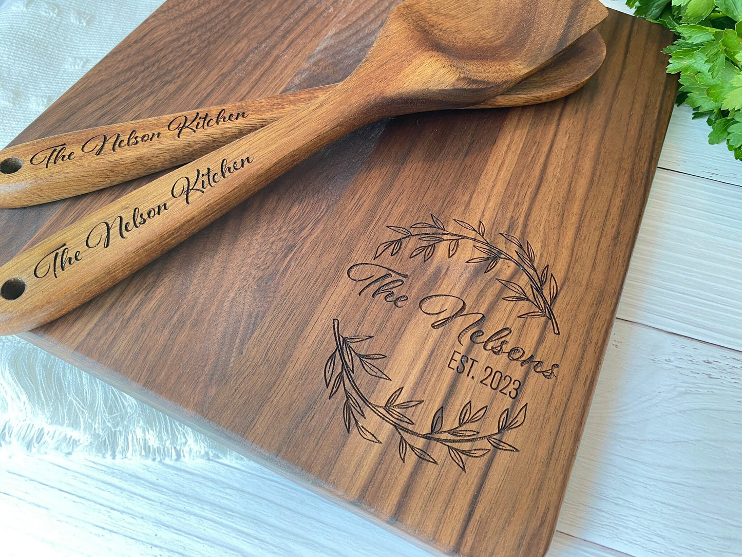 Cutting Board, Coasters, & Spoon Set, 3-Piece Set with Personalized Engravings