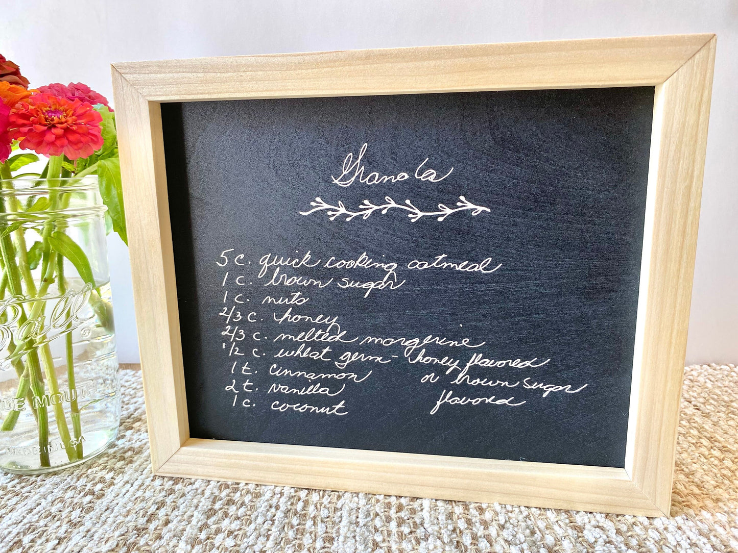 Handwritten Recipe Engraved on Wood Framed Sign