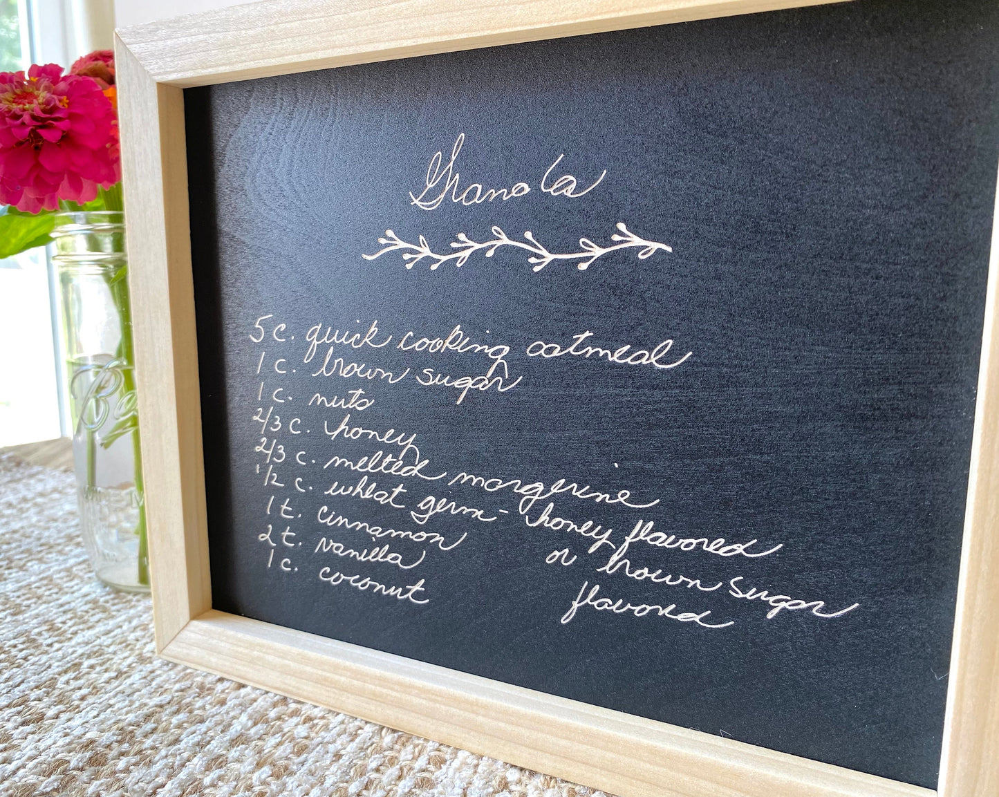 Handwritten Recipe Engraved on Wood Framed Sign