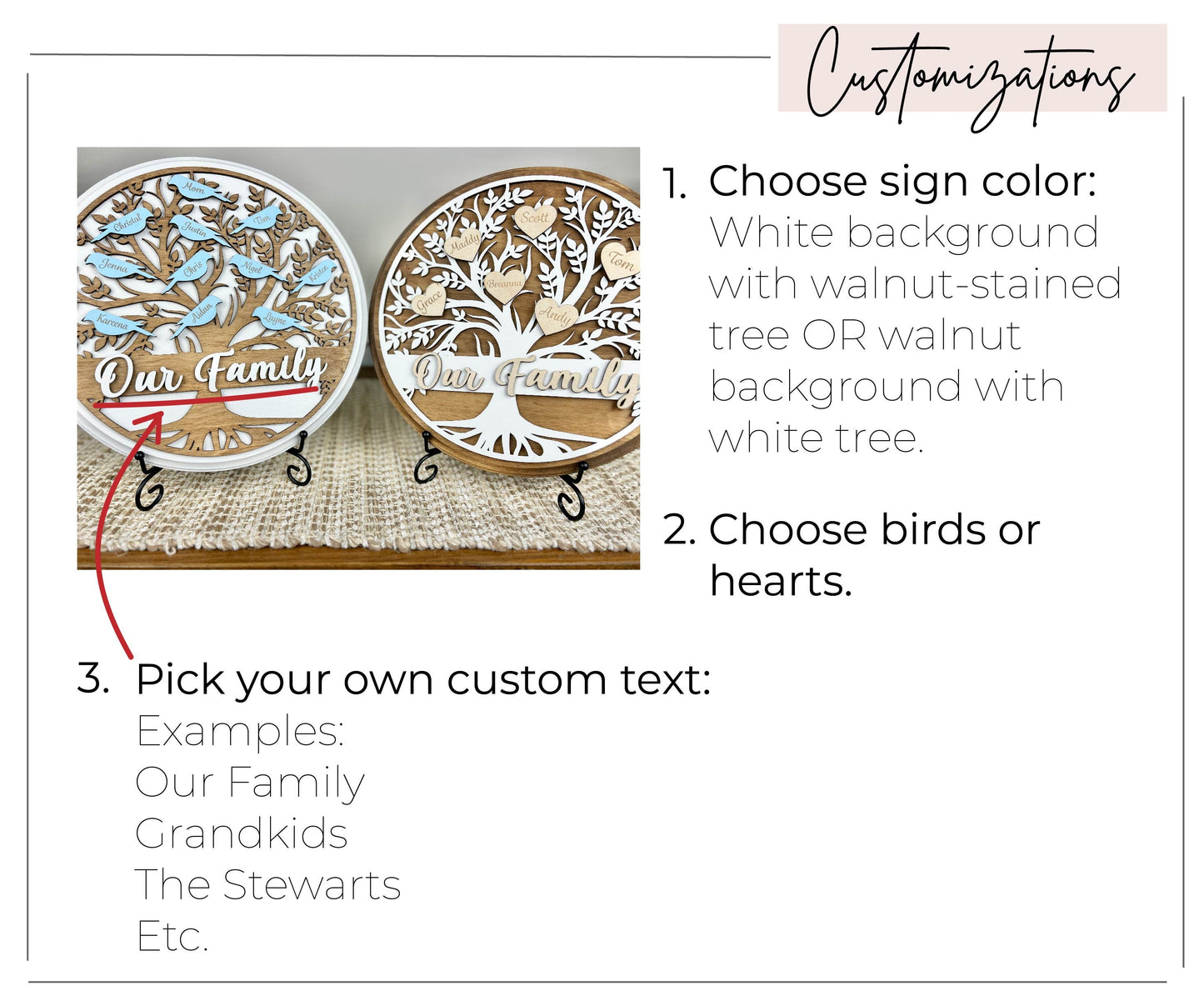 Personalized Family Tree Wood Sign with Birds or Hearts