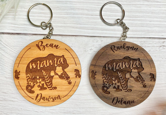 Mama Bear Keychain with Personalized Child's Names Engraved