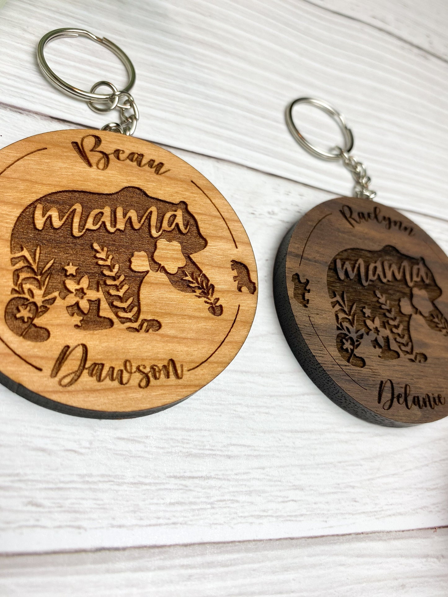 Mama Bear Keychain with Personalized Child's Names Engraved