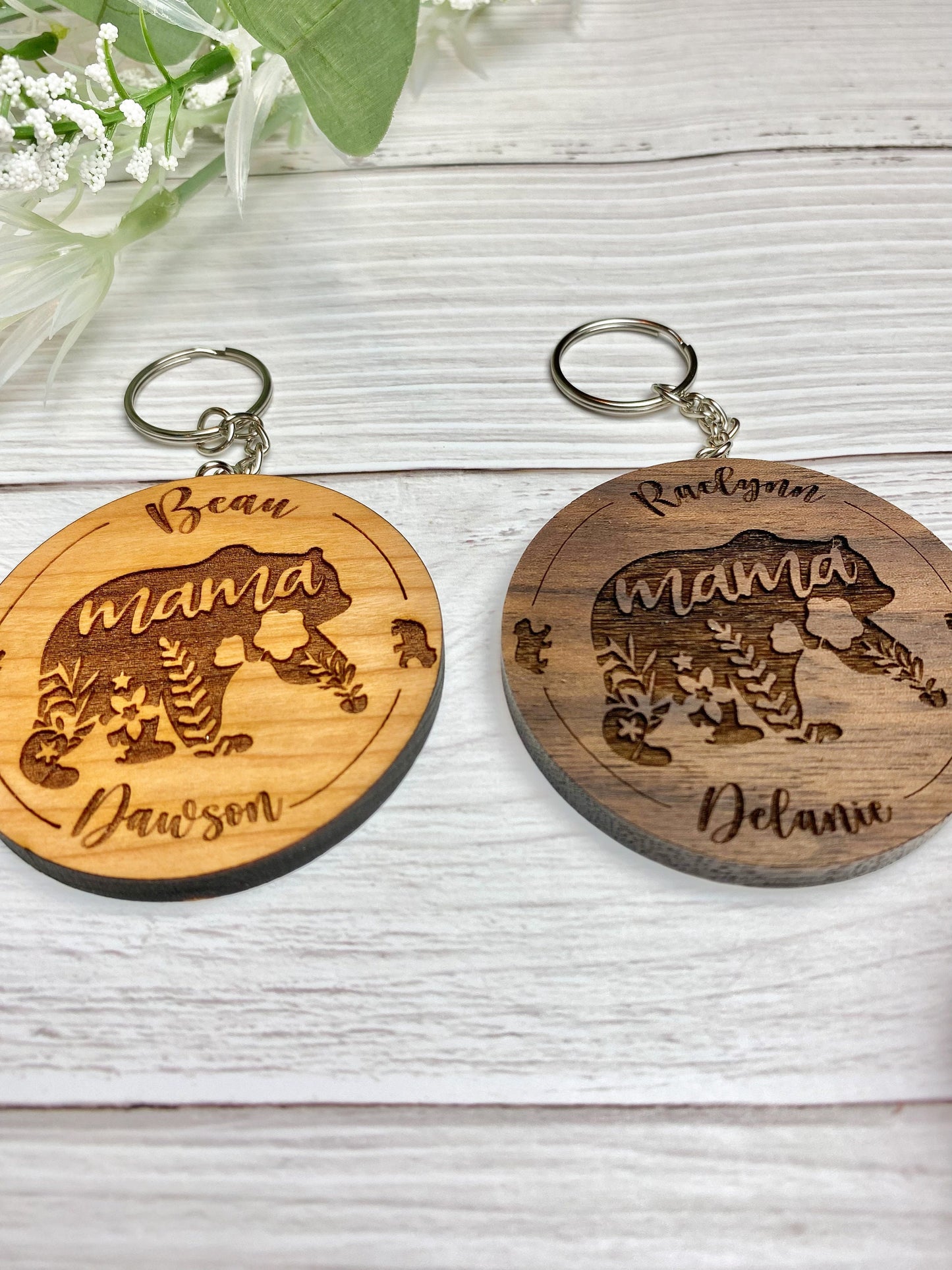 Mama Bear Keychain with Personalized Child's Names Engraved