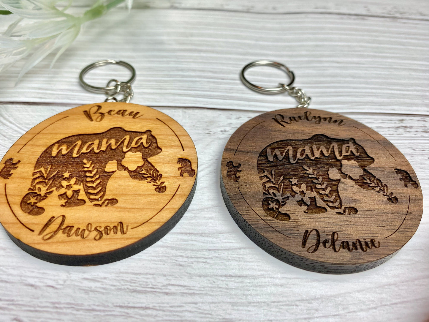 Mama Bear Keychain with Personalized Child's Names Engraved