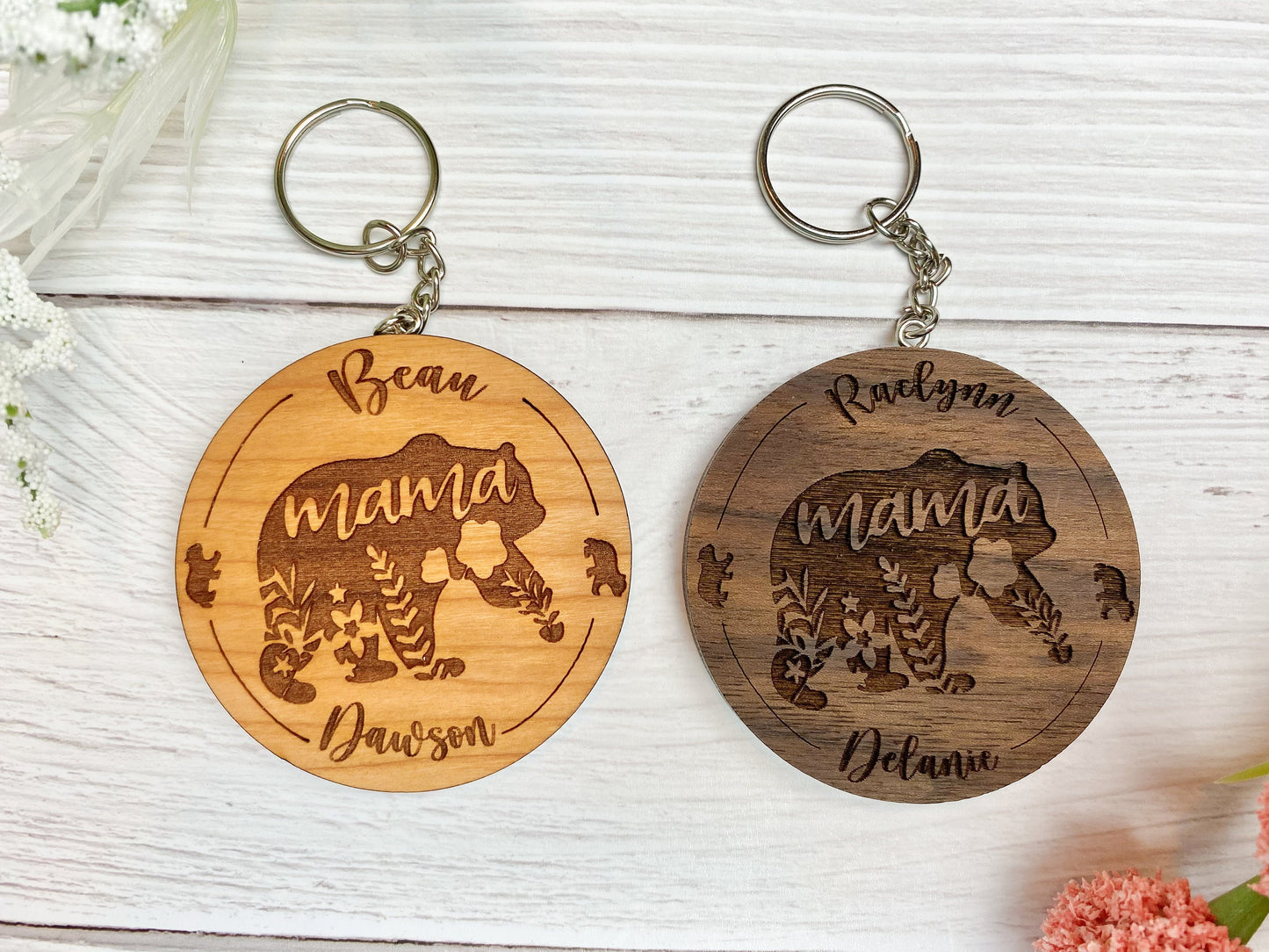 Mama Bear Keychain with Personalized Child's Names Engraved