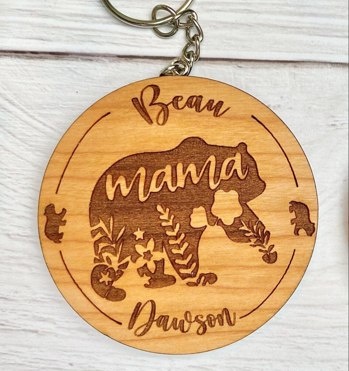 Mama Bear Keychain with Personalized Child's Names Engraved