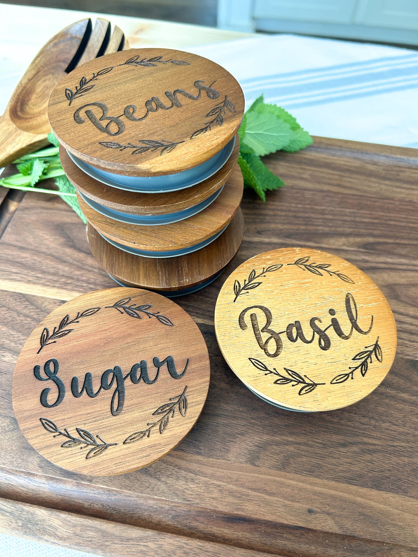 Personalized Wood Mason Jar Lids, Engraved Lids, Set of 6