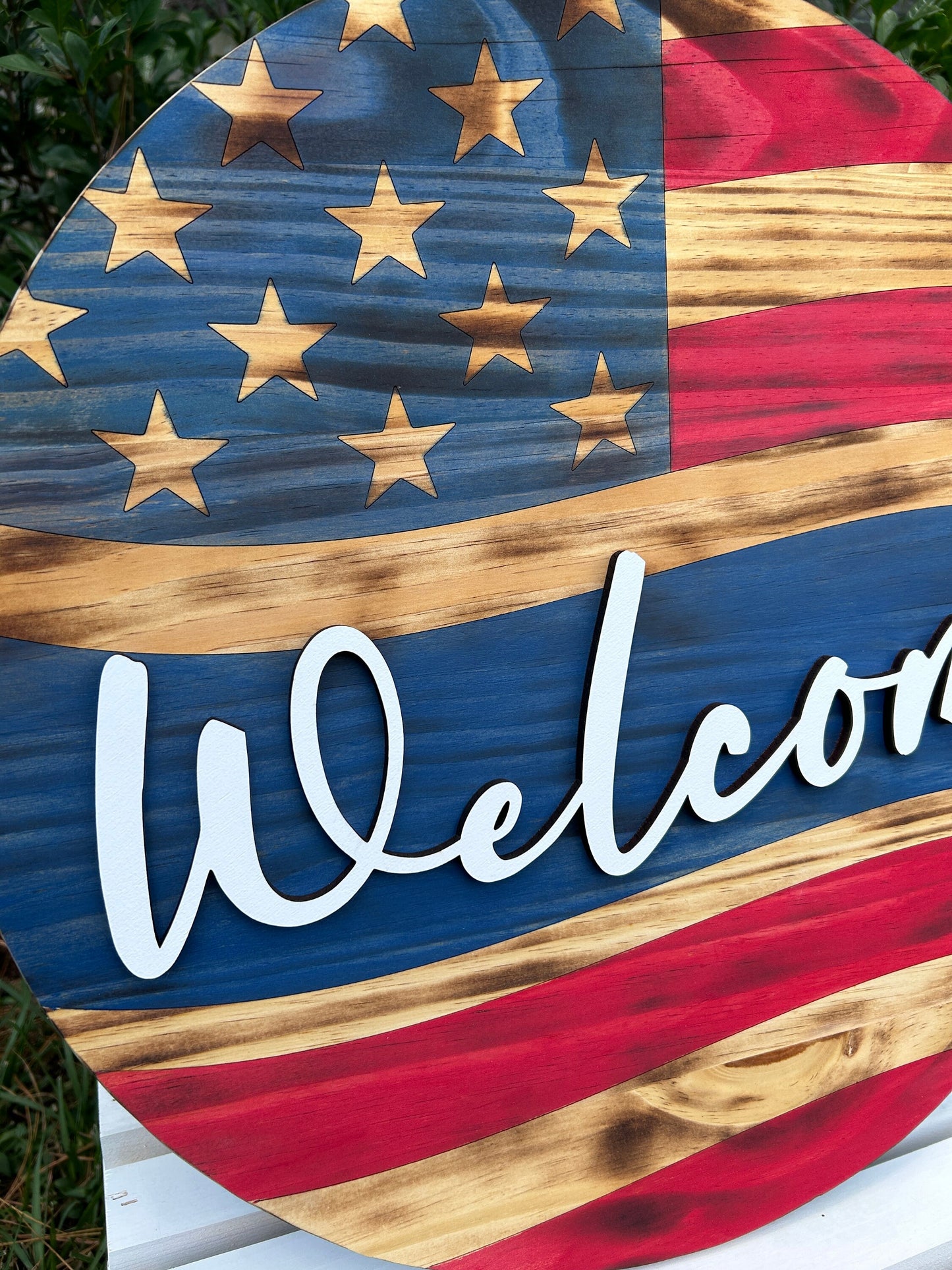 Rustic Patriotic Wooden Door Hanger, American Flag Wooden Door Wreath