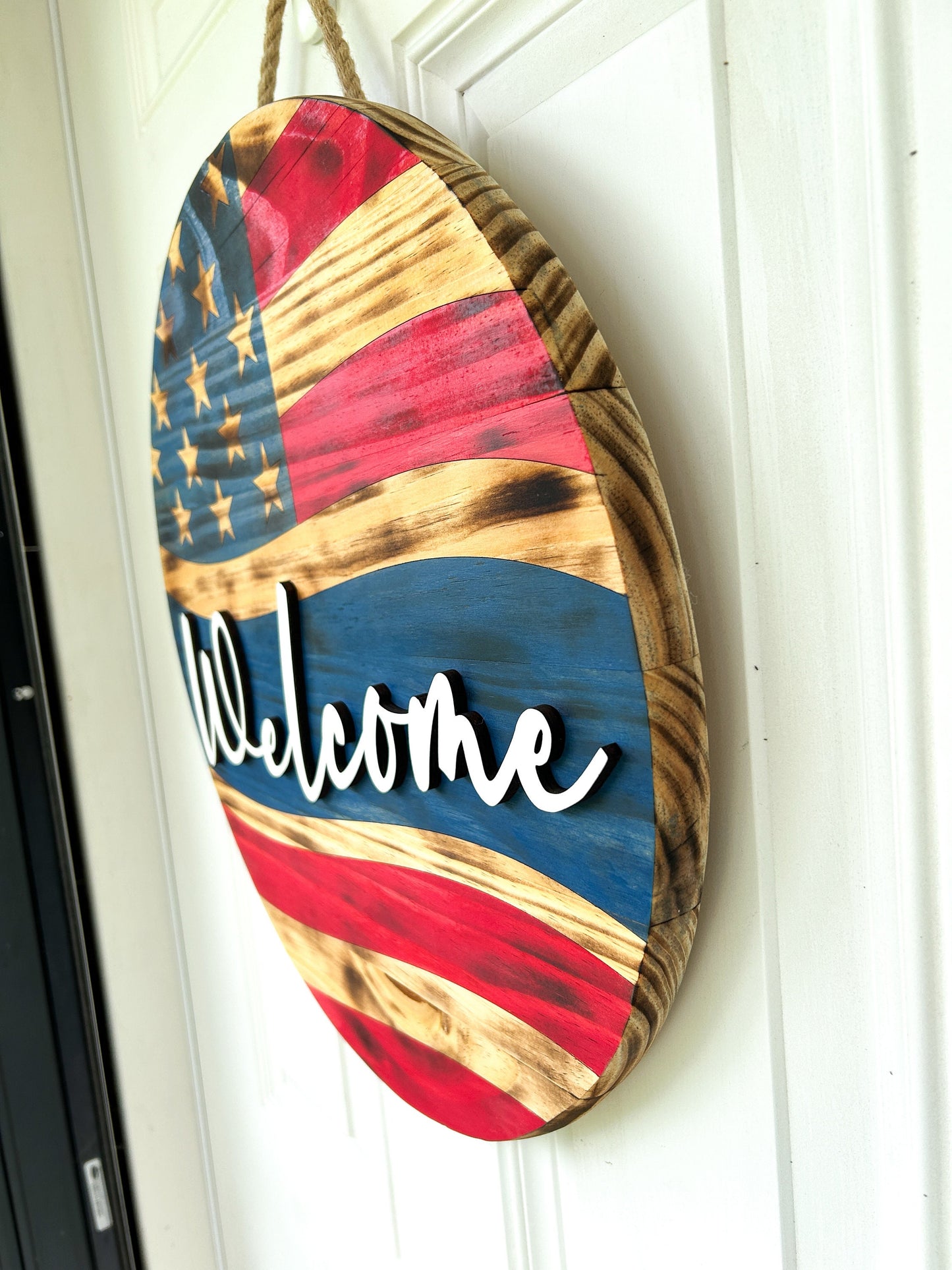 Rustic Patriotic Wooden Door Hanger, American Flag Wooden Door Wreath