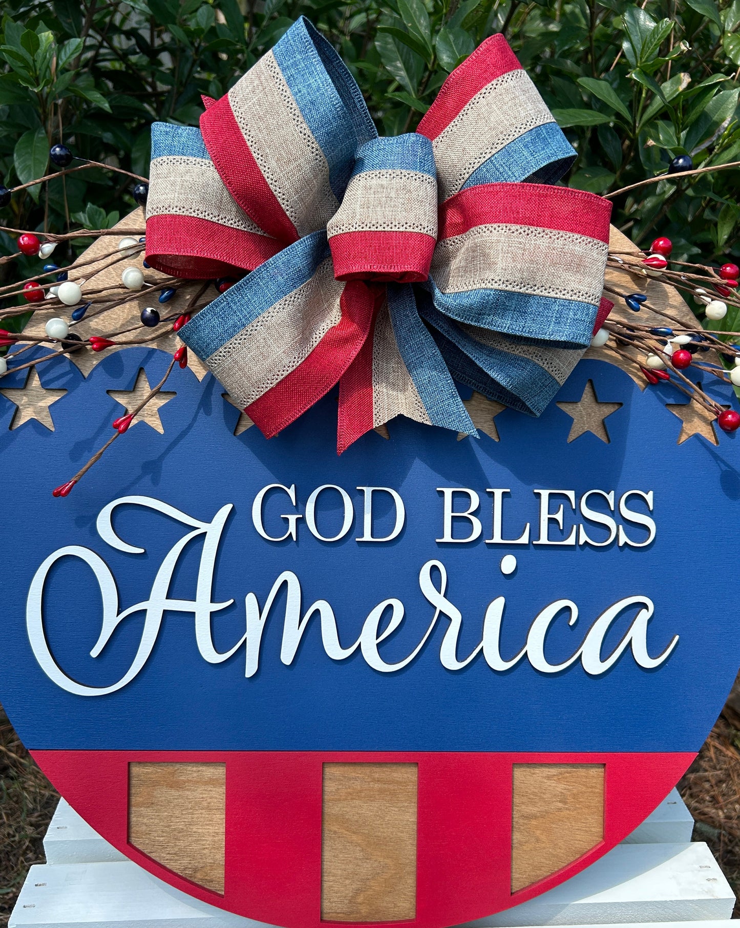 Patriotic American Wooden Door Hanger Sign, God Bless America Wooden Fourth of July Wreath