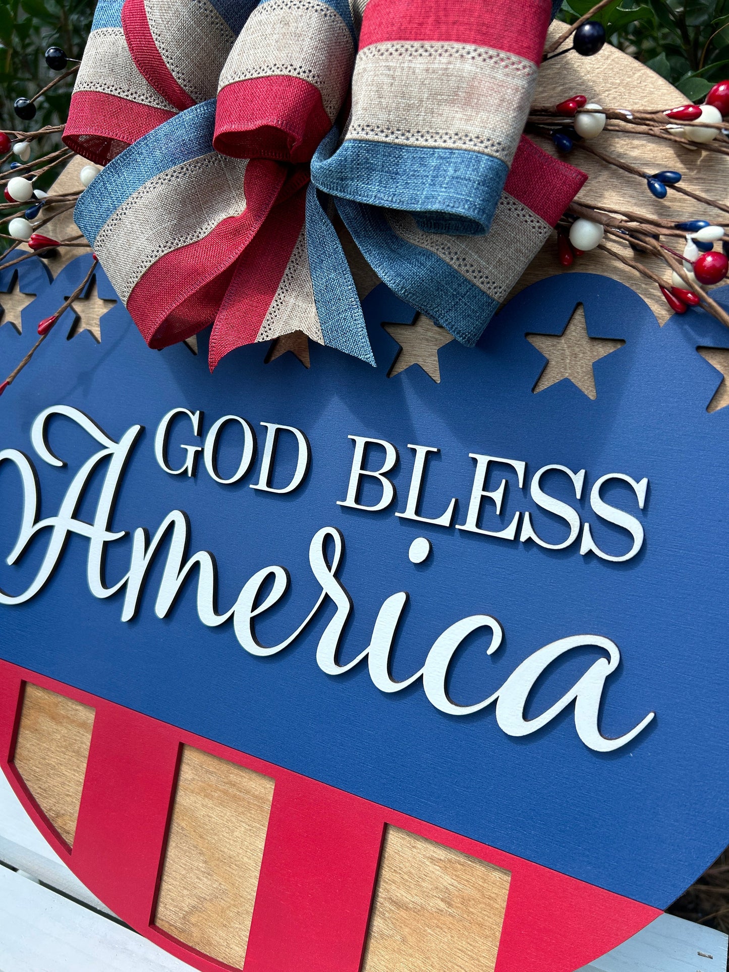 Patriotic American Wooden Door Hanger Sign, God Bless America Wooden Fourth of July Wreath