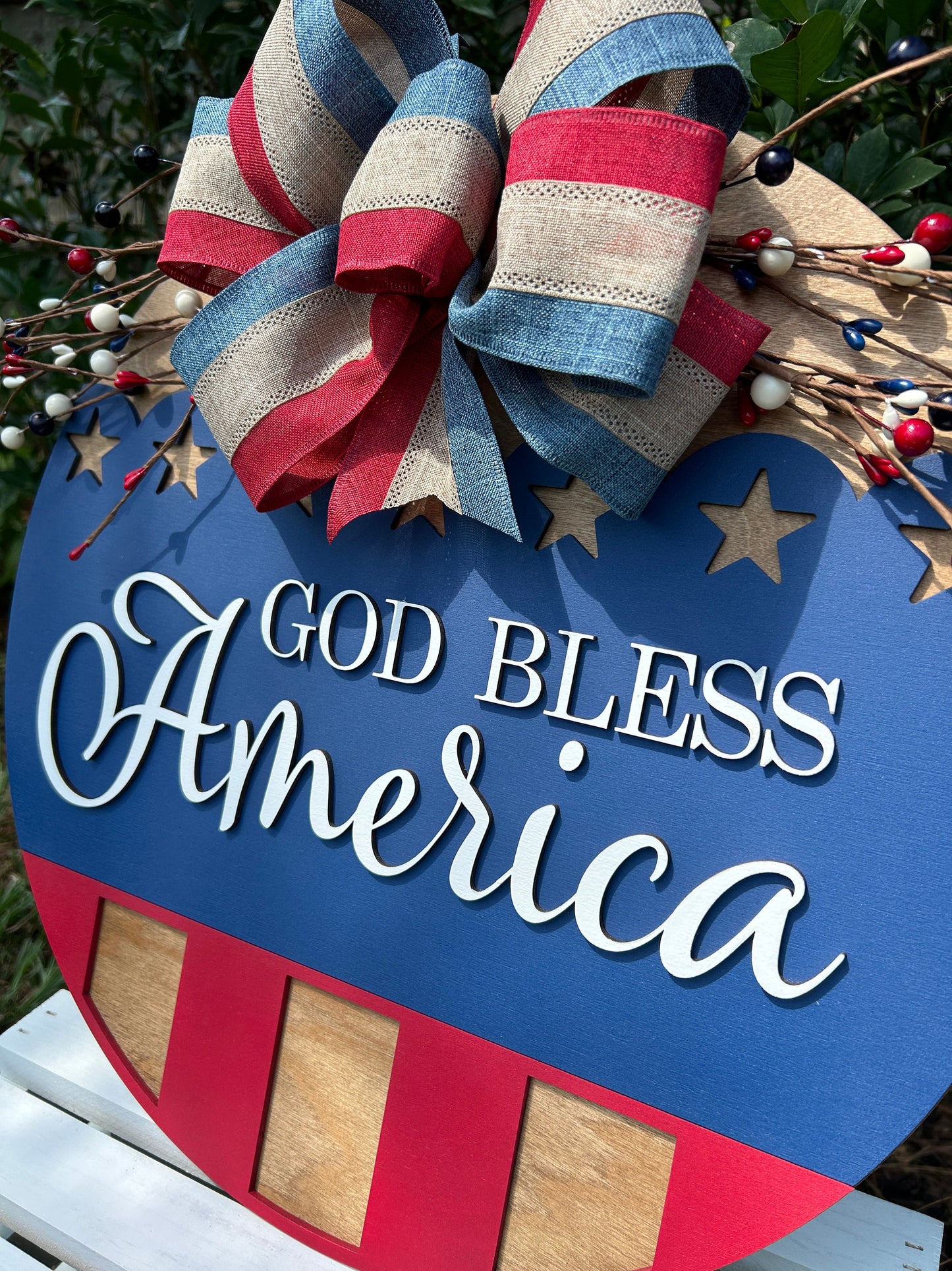 Patriotic American Wooden Door Hanger Sign, God Bless America Wooden Fourth of July Wreath