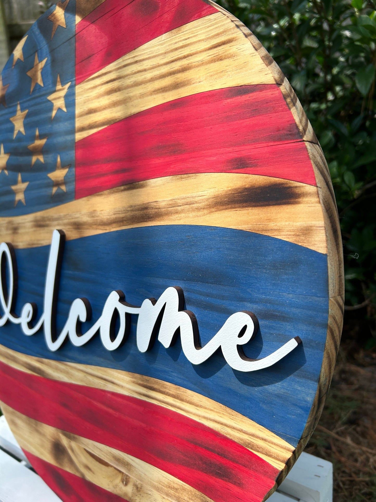 Rustic Patriotic Wooden Door Hanger, American Flag Wooden Door Wreath