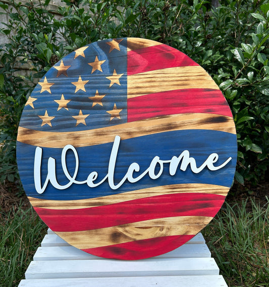 Rustic Patriotic Wooden Door Hanger, American Flag Wooden Door Wreath