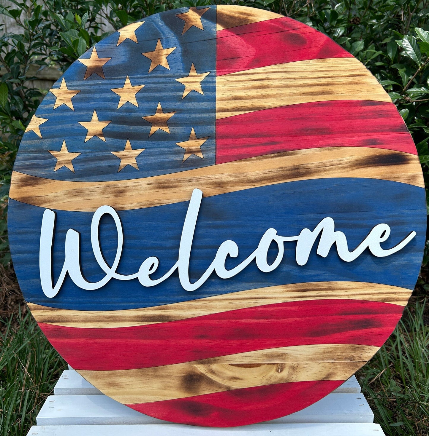 Rustic Patriotic Wooden Door Hanger, American Flag Wooden Door Wreath