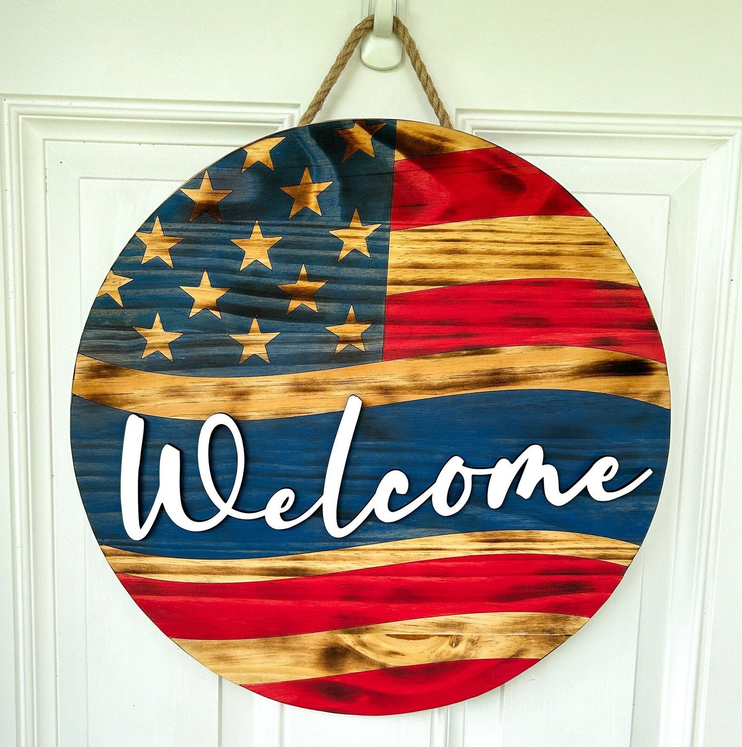 Rustic Patriotic Wooden Door Hanger, American Flag Wooden Door Wreath