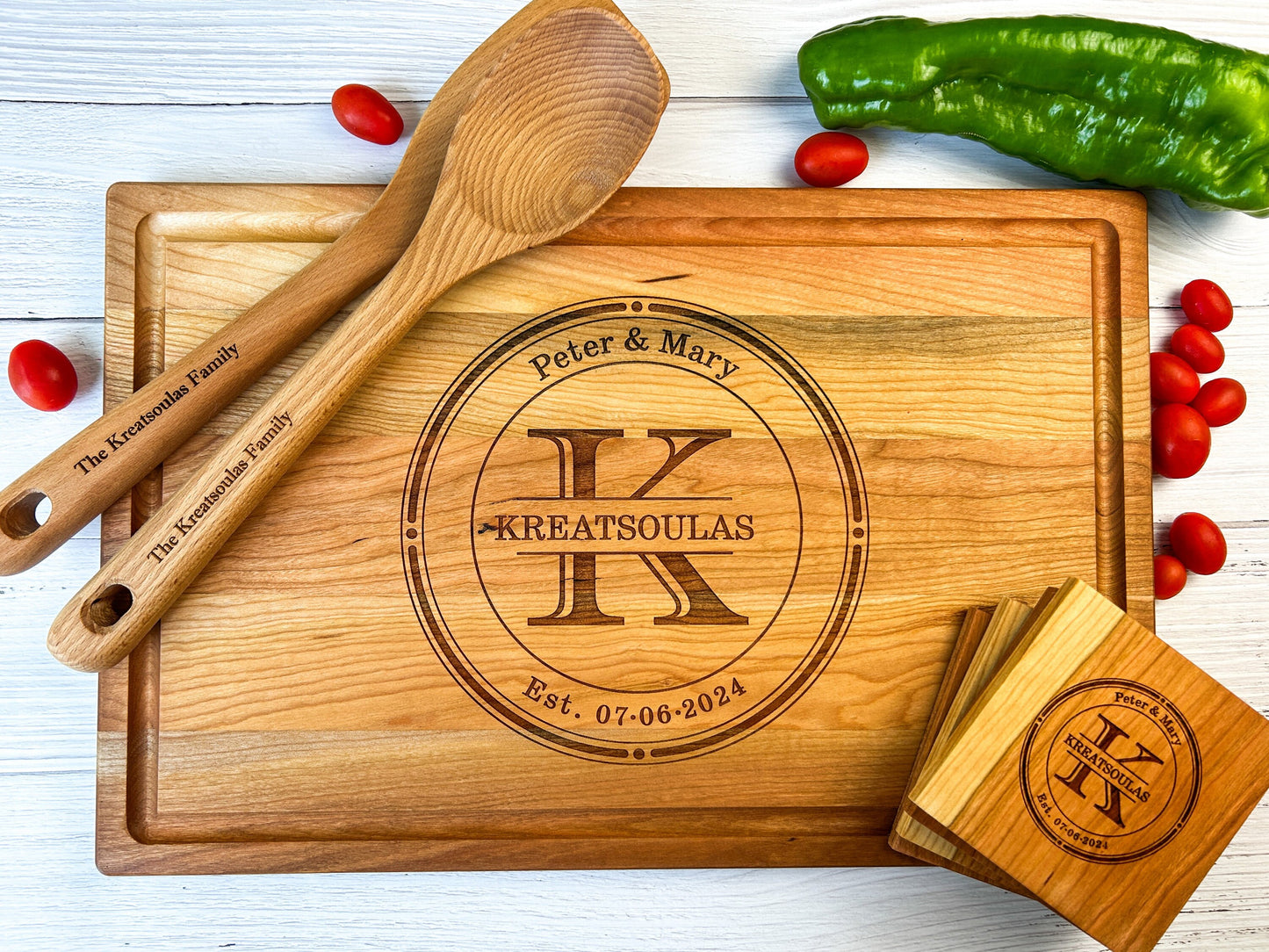 Cutting Board, Coasters, & Spoon Set, 3-Piece Set with Personalized Engravings