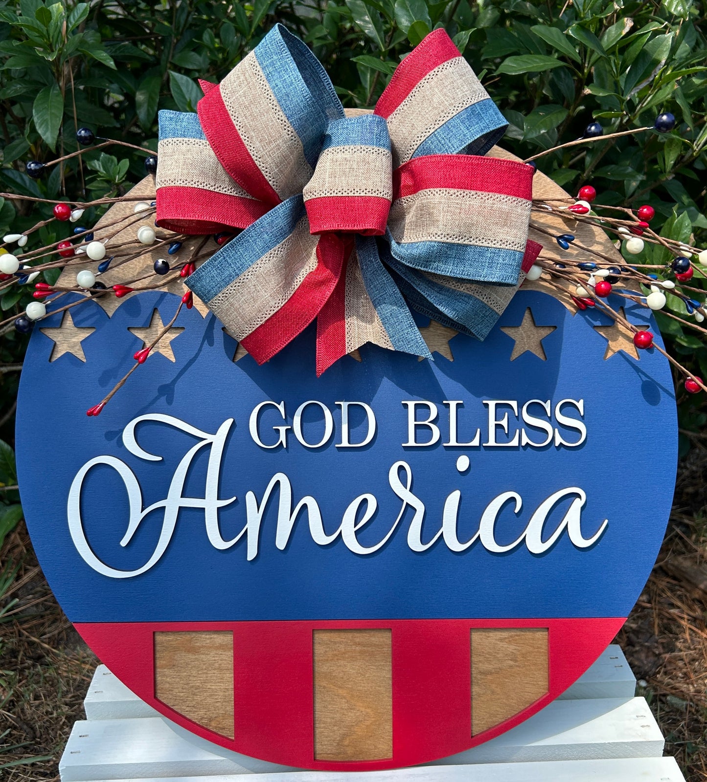 Patriotic American Wooden Door Hanger Sign, God Bless America Wooden Fourth of July Wreath