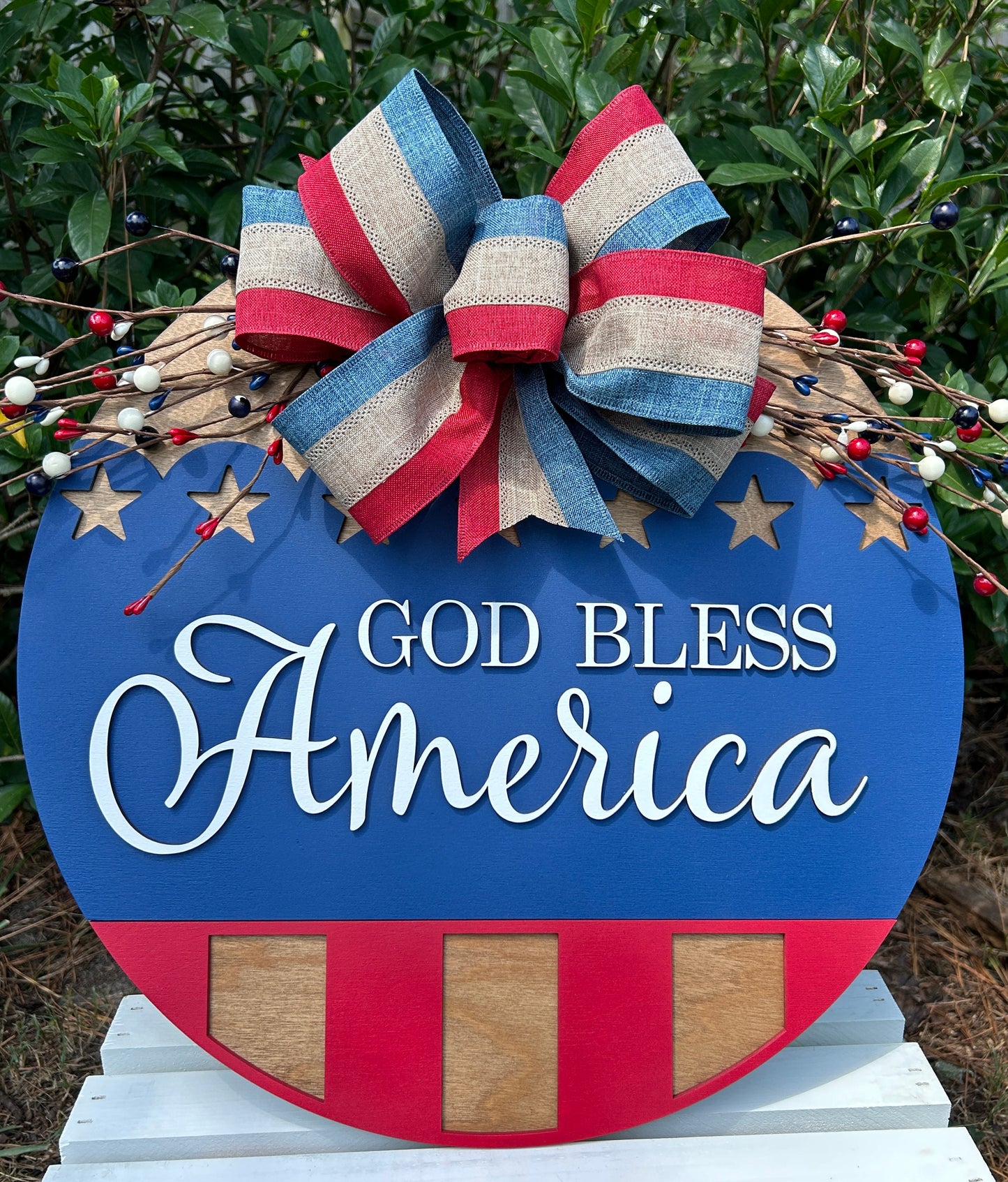 Patriotic American Wooden Door Hanger Sign, God Bless America Wooden Fourth of July Wreath