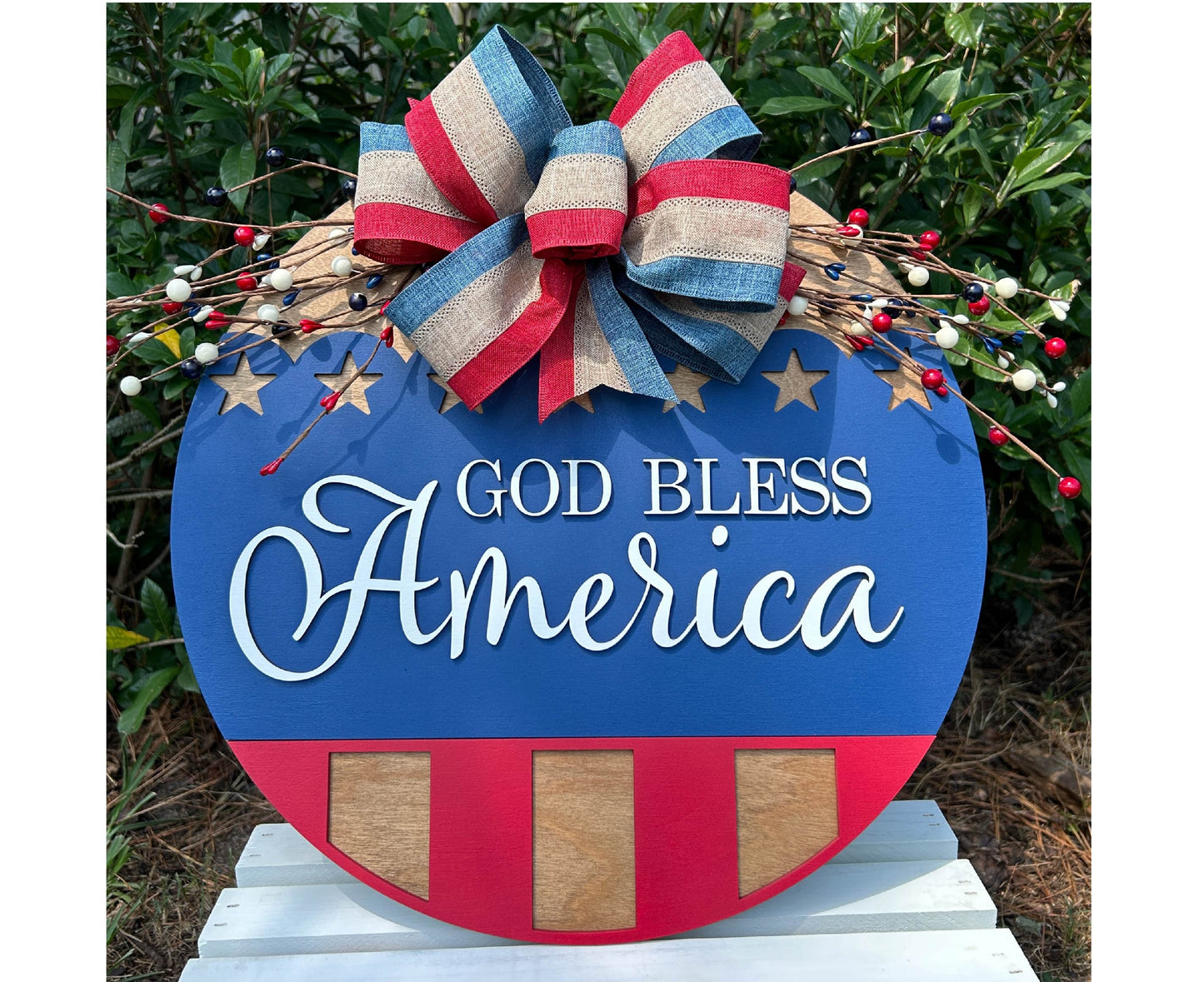 Patriotic American Wooden Door Hanger Sign, God Bless America Wooden Fourth of July Wreath