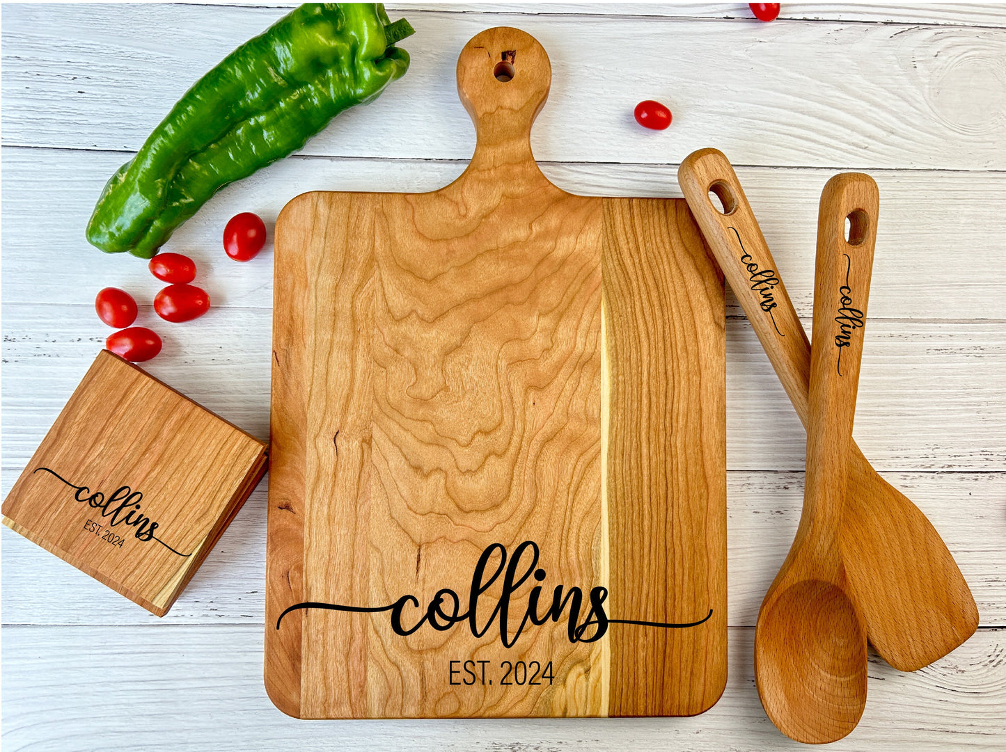 Cutting Board, Coasters, & Spoon Set, 3-Piece Set with Personalized Engravings