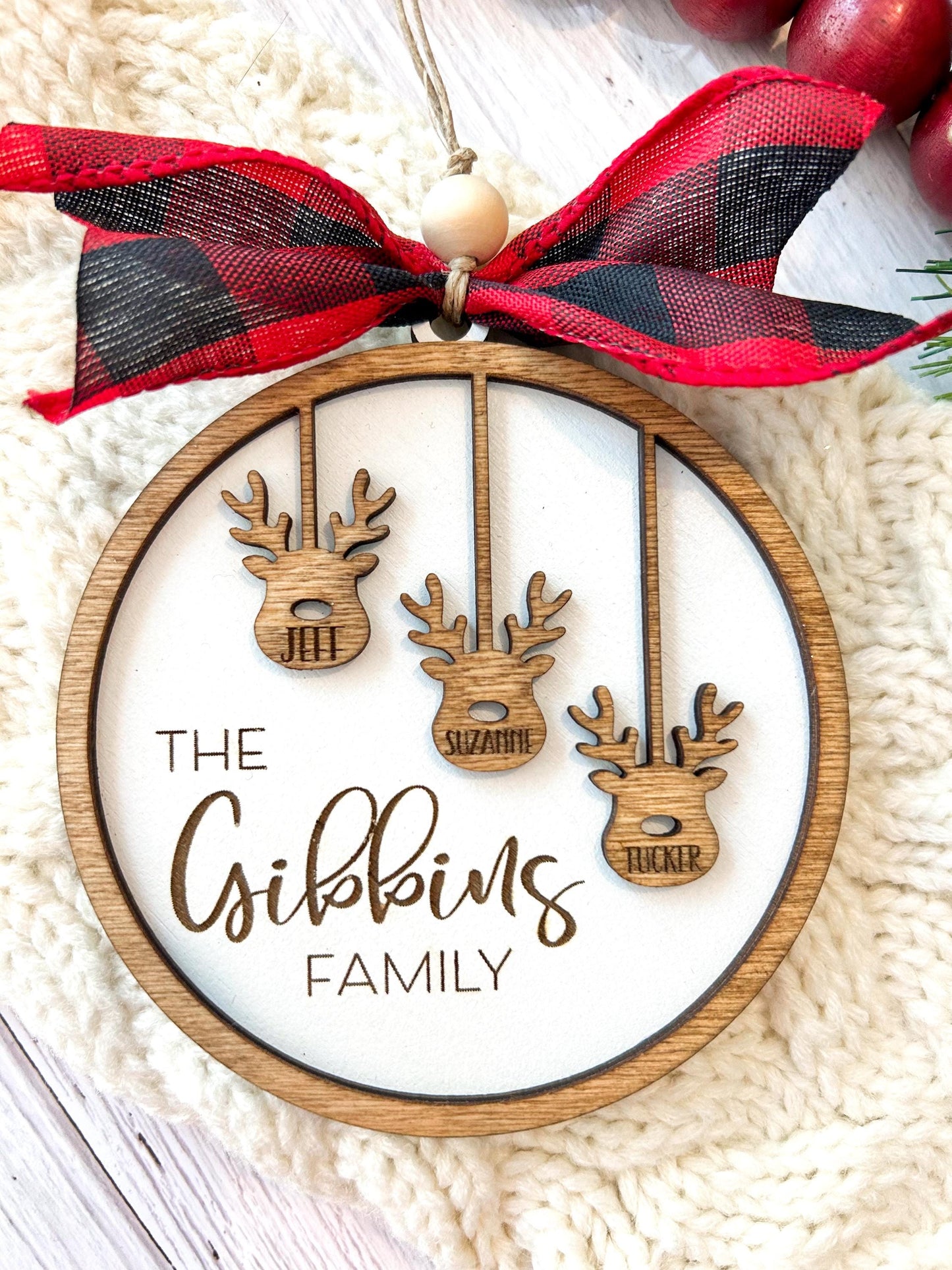 Reindeer Family Ornament with Custom Names, Small to Large Families, 3- 12 Names