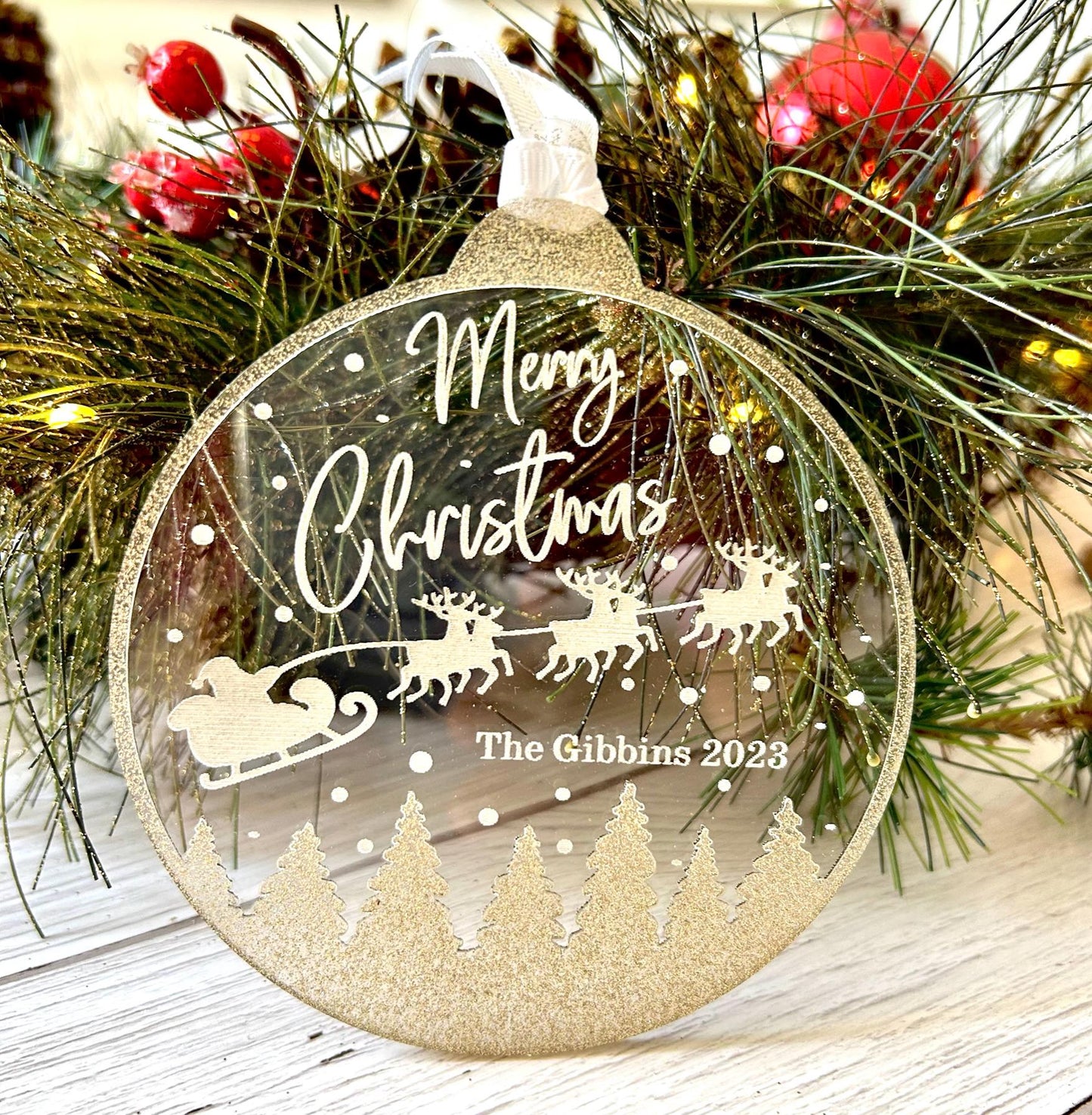 Personalized, Acrylic Christmas Ornament with Sleigh and Reindeer, Family Name