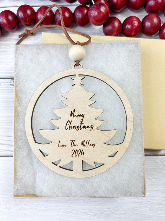 Natural Christmas Tree Ornament with Custom Name and Year