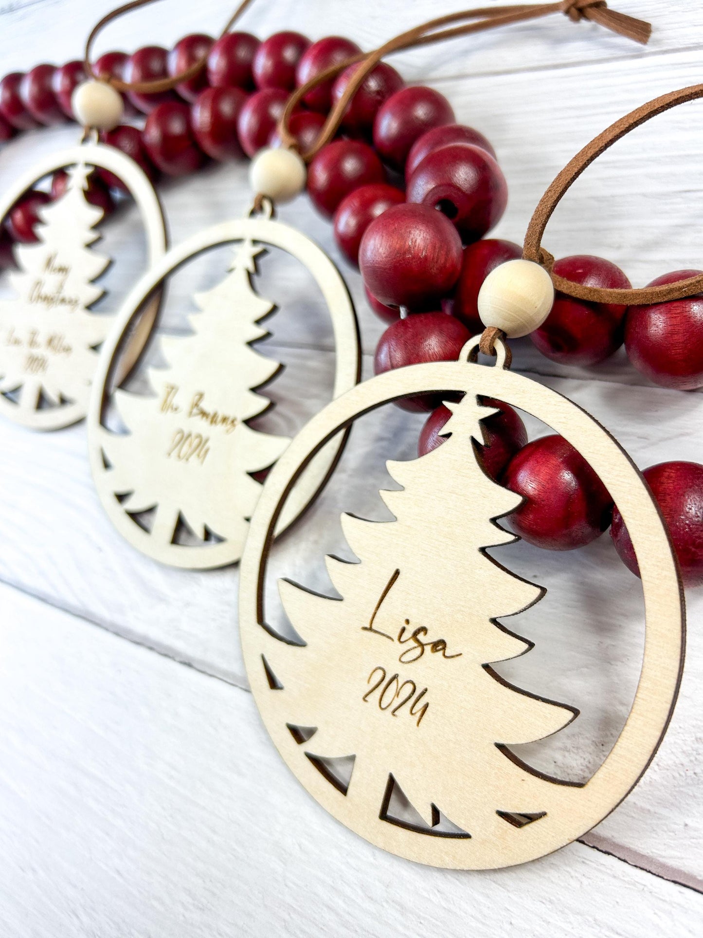 Natural Christmas Tree Ornament with Custom Name and Year