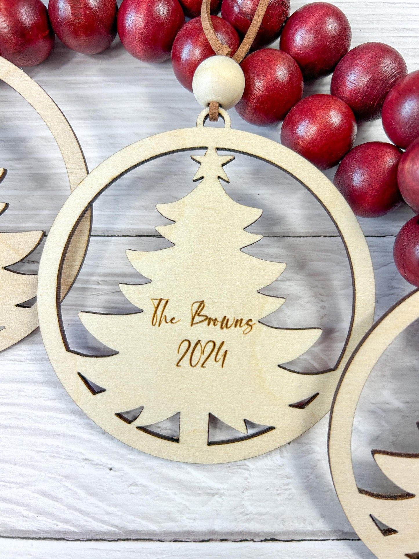 Natural Christmas Tree Ornament with Custom Name and Year